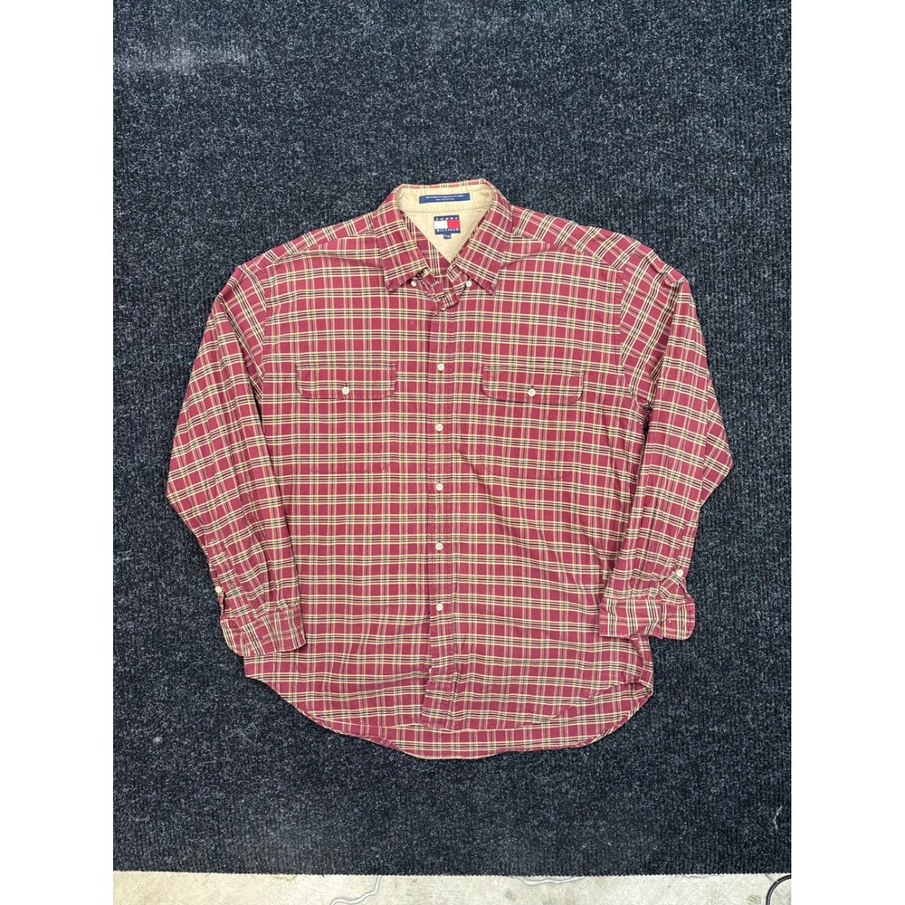 Tommy Hilfiger Mens XL Plaid Button Down Shirt Burgundy Red Long Sleeve Cotton